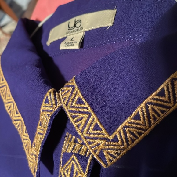 YA Los Angeles sz L indigo purple-blue sleeveless top gold embroidered 60% silk - Picture 2 of 13